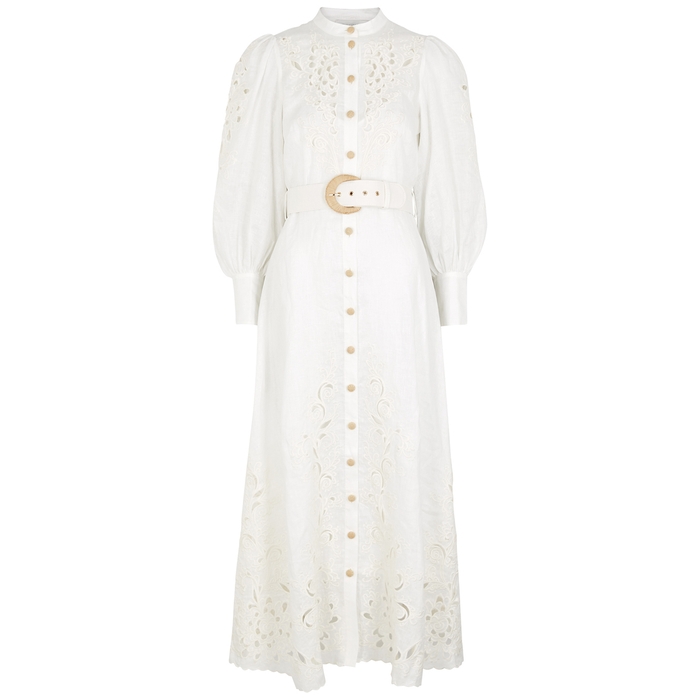 ZIMMERMANN PEGGY IVORY EMBROIDERED LINEN MIDI DRESS,3109670