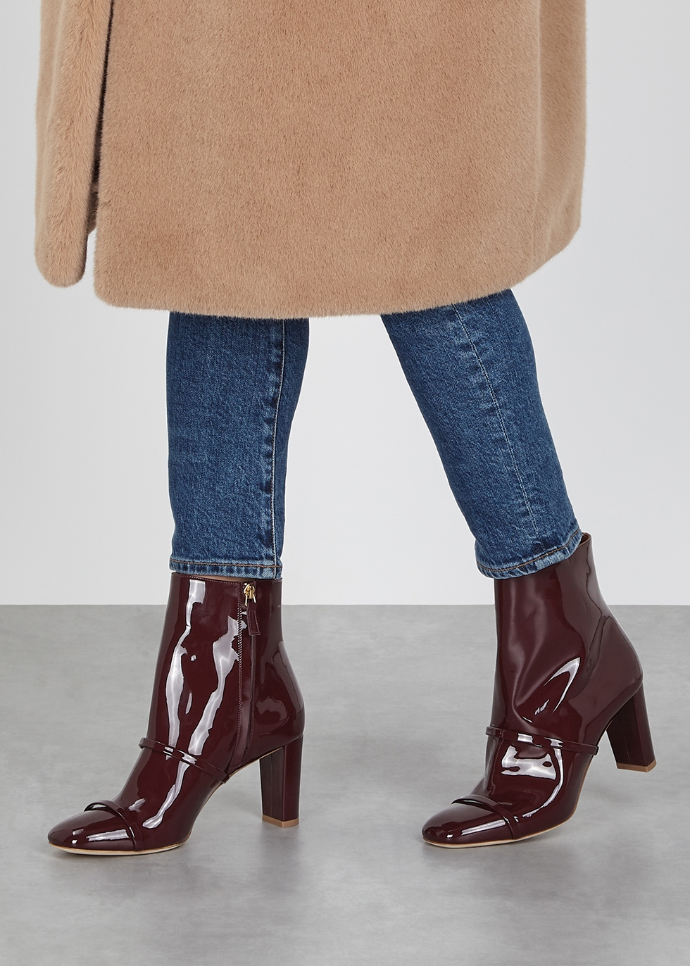 patent burgundy ankle boots