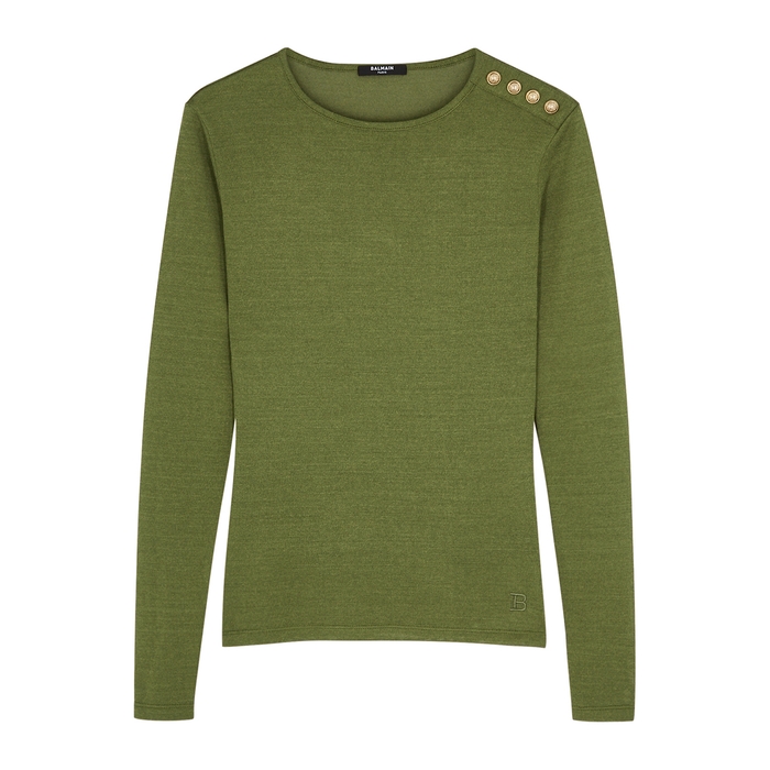 Balmain Army Green Fine-knit Top In Khaki