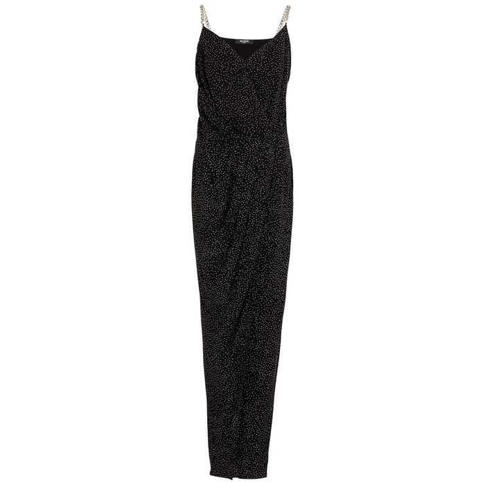 BALMAIN BLACK CRYSTAL-EMBELLISHED CHIFFON MAXI DRESS,3758796