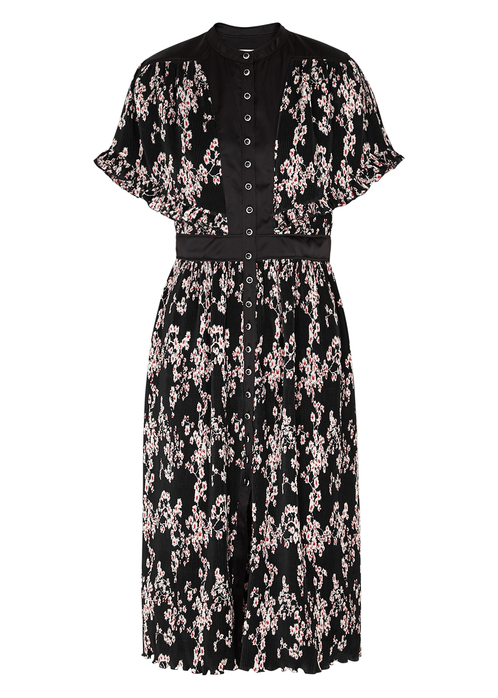 Black floral-print plissé midi dress