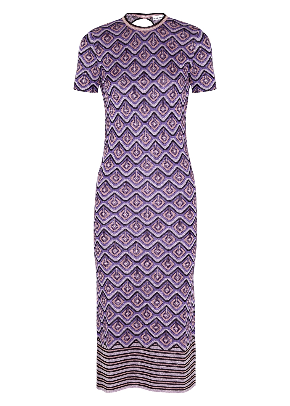 Purple geometric metallic-knit midi dress