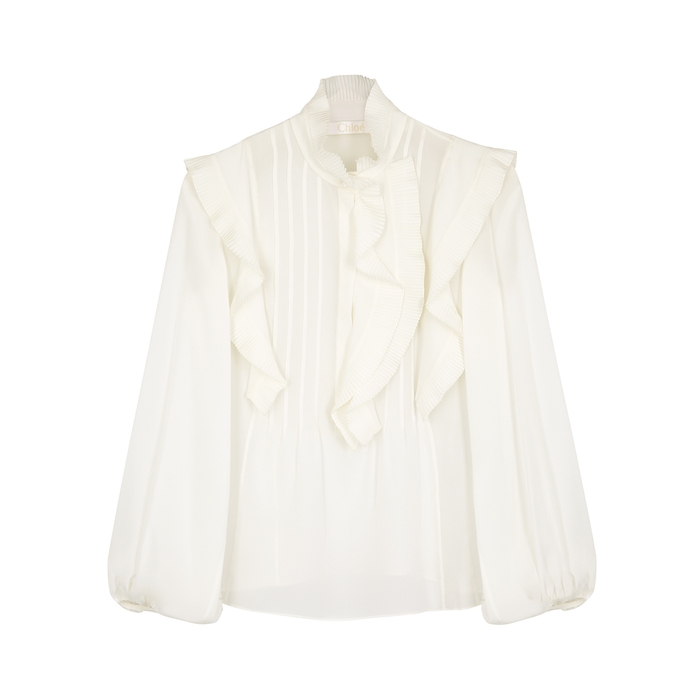 Chloé White Ruffle-trimmed Silk Blouse In Iconic Milk | ModeSens