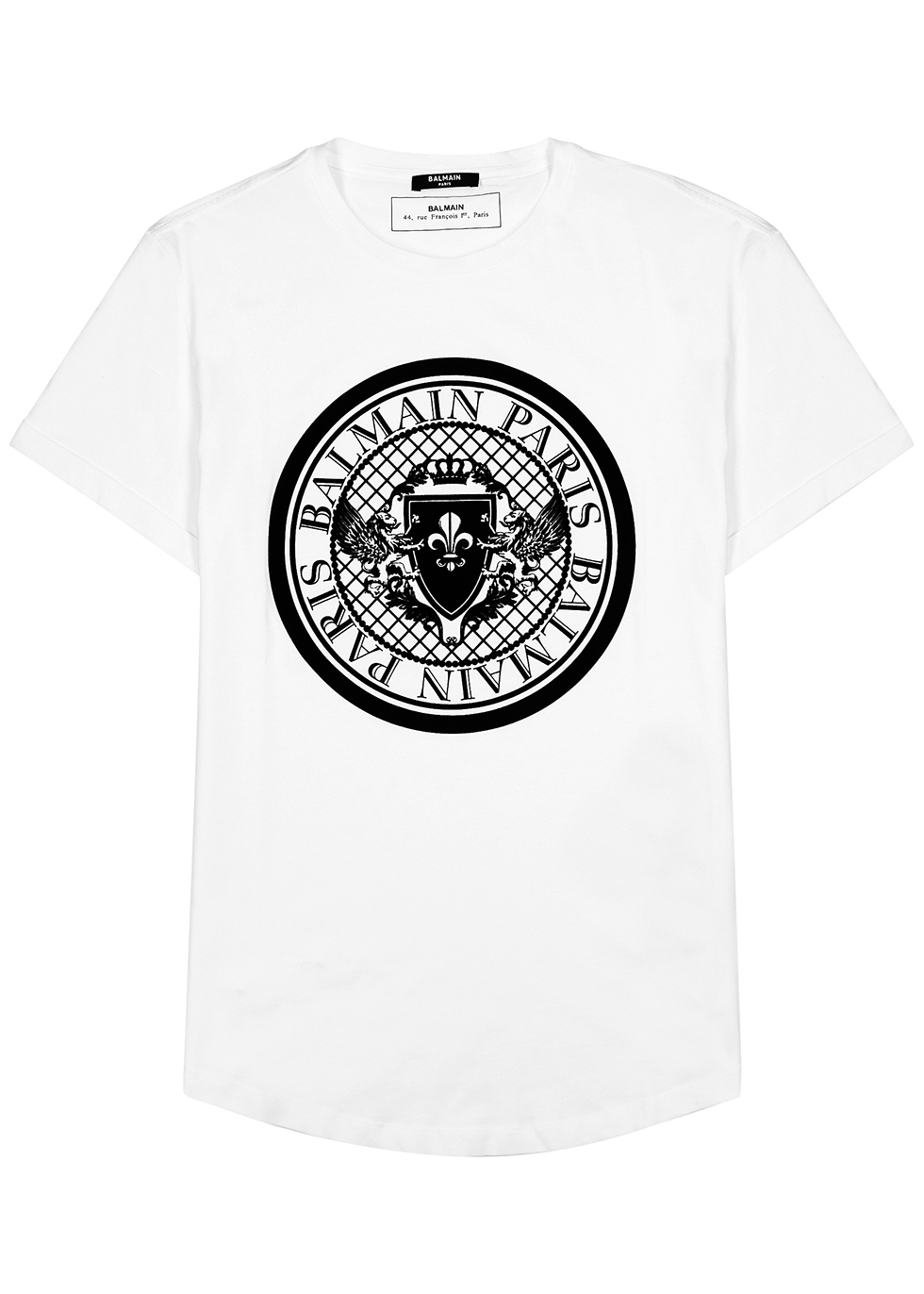 Balmain White flocked-logo cotton T-shirt - Harvey Nichols