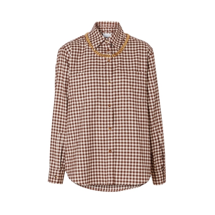 BURBERRY CHAIN DETAIL GINGHAM COTTON FLANNEL OVERSIZED SHIRT,3196257