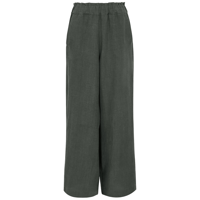 Casa Raki Natalia Slate Grey Wide-leg Linen Trousers In Olive