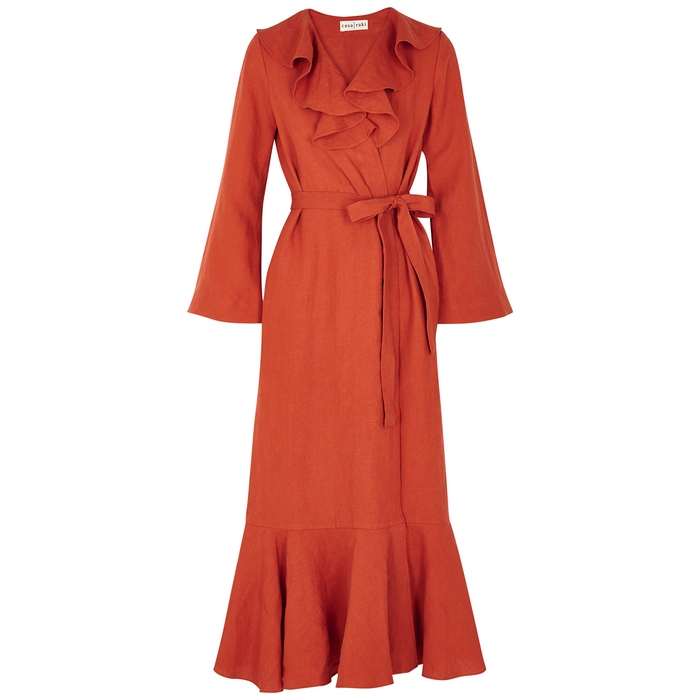 Casa Raki Esme Orange Ruffled Linen Wrap Dress