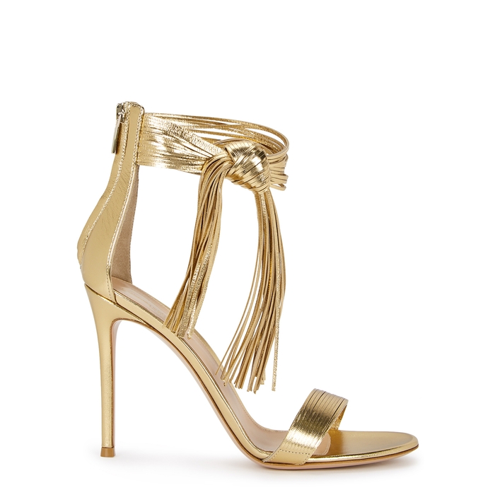 GIANVITO ROSSI NOELLE 105 GOLD FRINGED LEATHER SANDALS,3770672