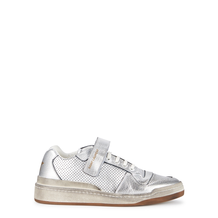 SAINT LAURENT SL24 SILVER PERFORATED LEATHER SNEAKERS,3647496