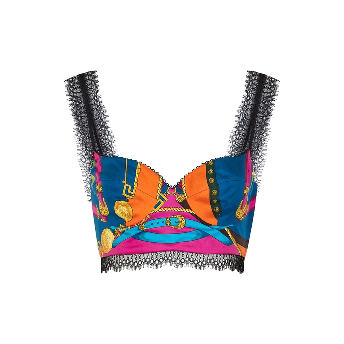 Versace Printed Lace-trimmed Satin Bra Top In Multicoloured