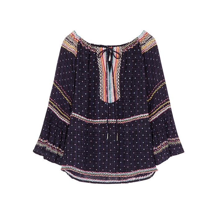 FREE PEOPLE TALIA NAVY EMBROIDERED GAUZE BLOUSE,3759132