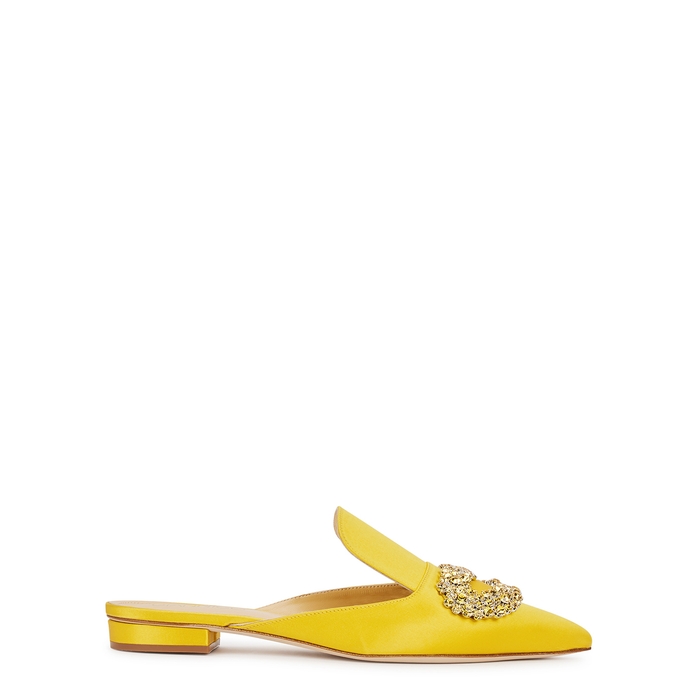 Giannico Daphne Yellow Crystal-embellished Satin Mules