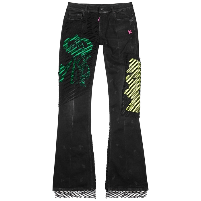 OFF-WHITE BLACK EMBROIDERED SKINNY FLARED JEANS,3755403