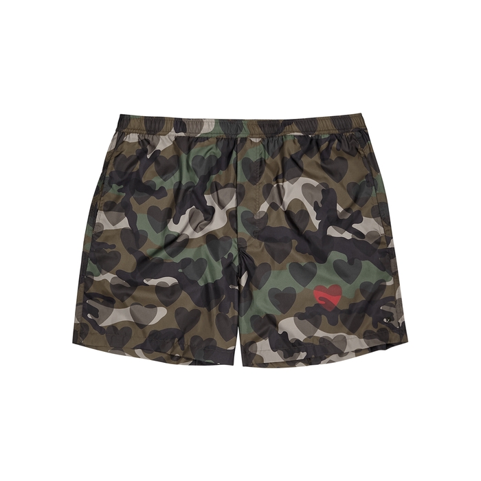 Valentino Camouflage Love-print Swim Shorts In Khaki