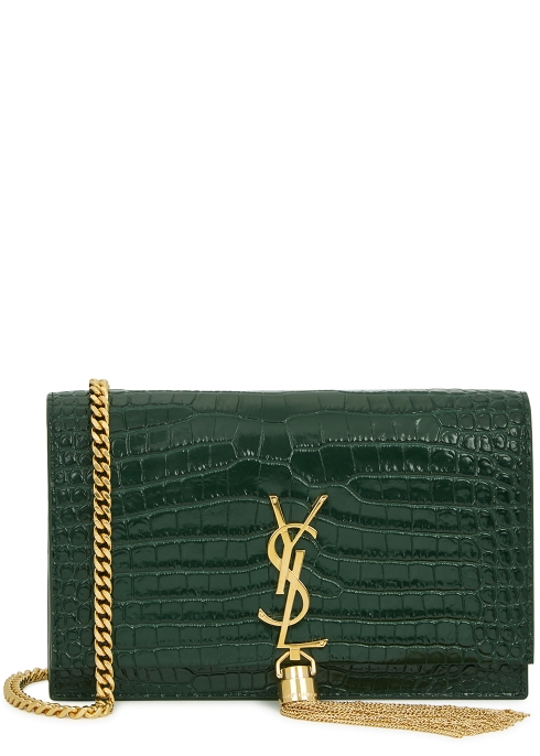 Saint Laurent Kate Crocodile-effect Leather Wallet-on-chain In Dark Green