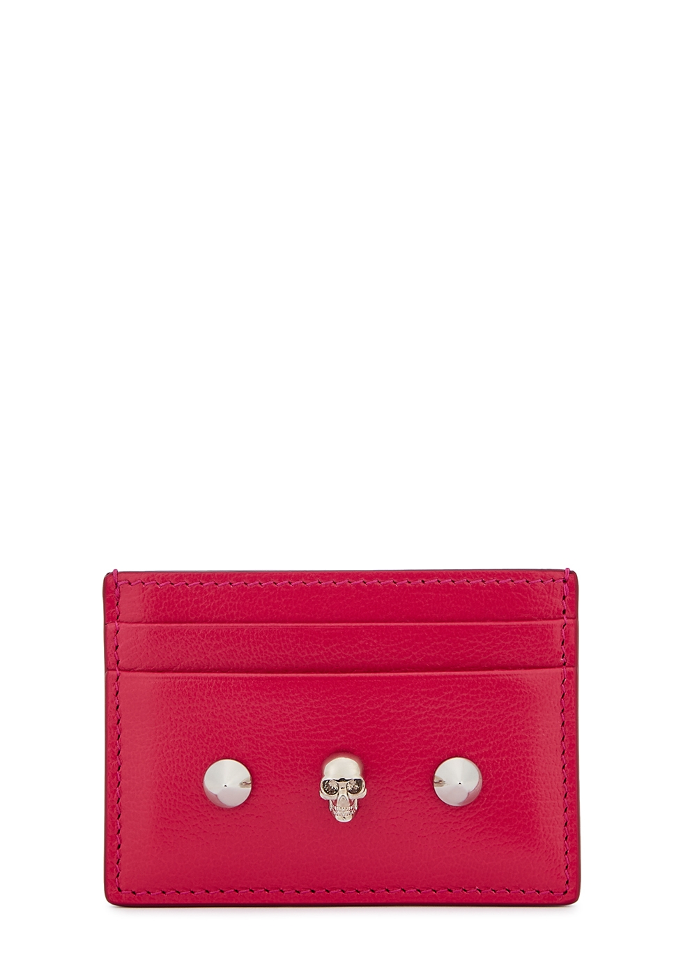 Fuchsia studded leather card holder 