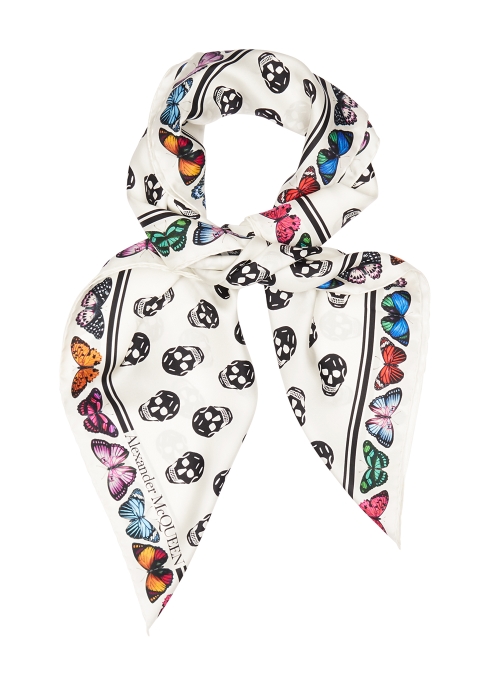 ALEXANDER MCQUEEN IVORY SKULL AND BUTTERFLY-PRINT SILK SCARF,3163987
