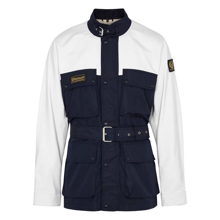BELSTAFF NAVY AND WHITE BELTED SHELL JACKET,3814895