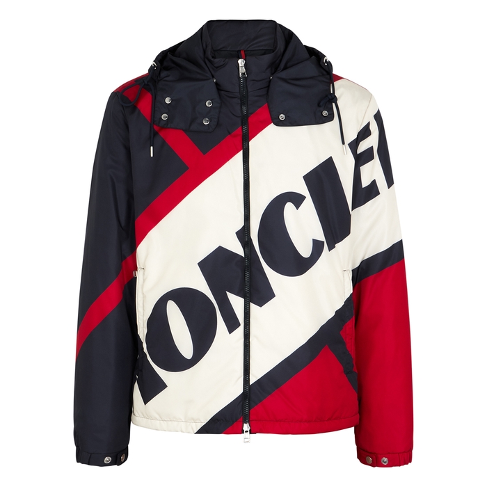 MONCLER BERT LOGO-PRINT PADDED SHELL JACKET, NAVY, RED AND OFF-WHITE,3169493