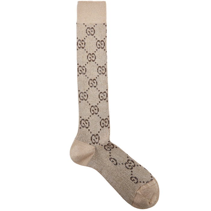 Gucci Gg-intarsia Metallic-knit Socks In Brown