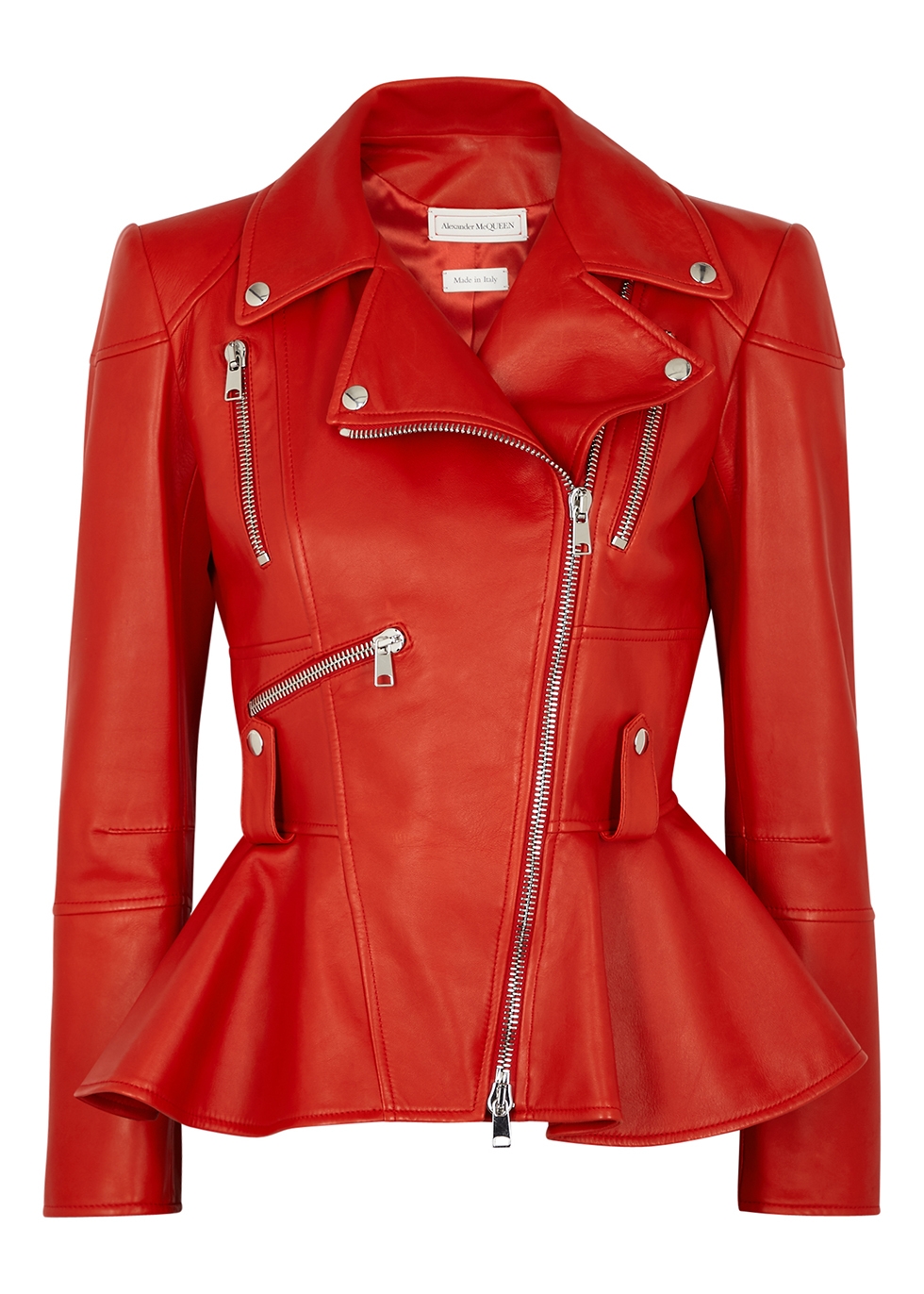 Alexander McQueen Red peplum leather biker jacket - Harvey Nichols