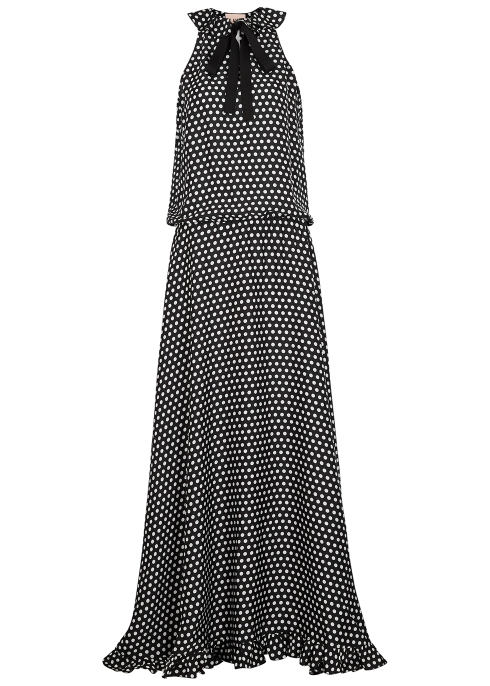 Plan C Black Polka-dot Satin Maxi Dress In White And Black