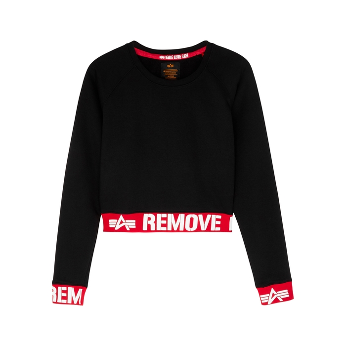 Alpha Industries Black Cropped Cotton-jersey Sweatshirt In Black And Red