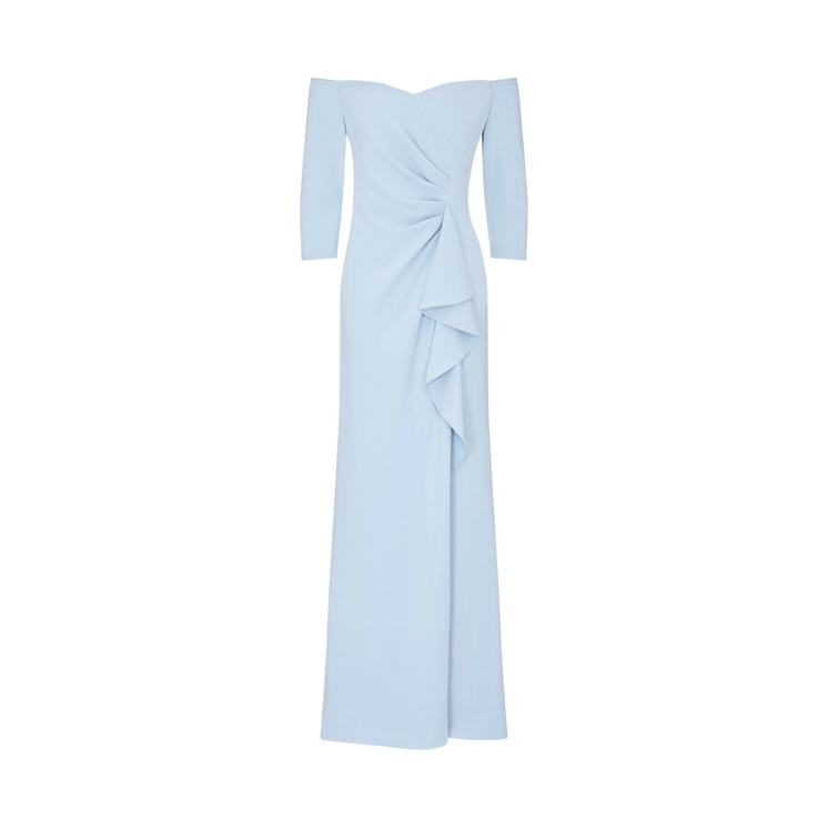 Adrianna Papell Off Shoulder Crepe Gown In Blue Mist