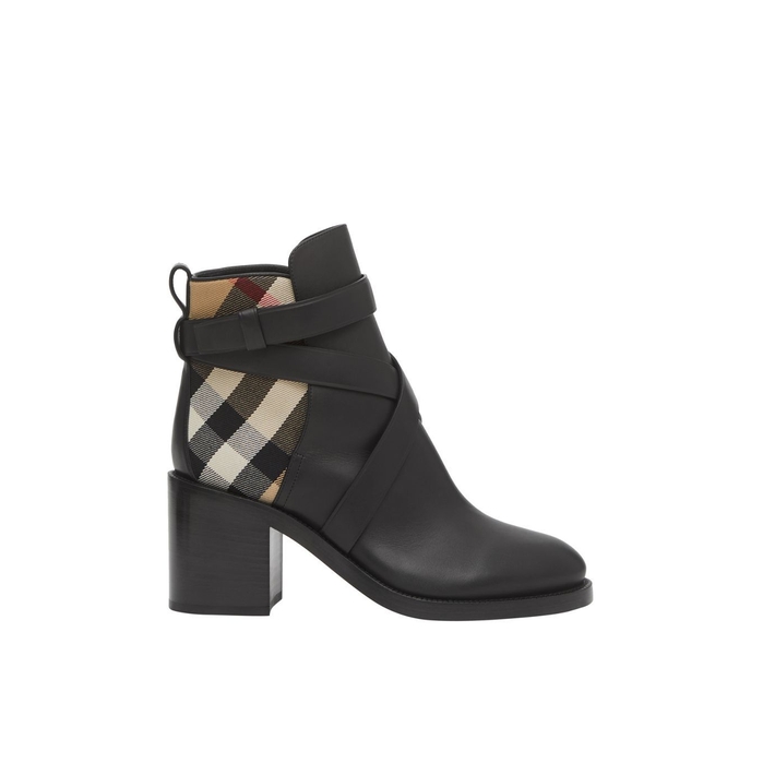 Burberry Vintage Check And Leather Ankle Boots In Black-archive Beige