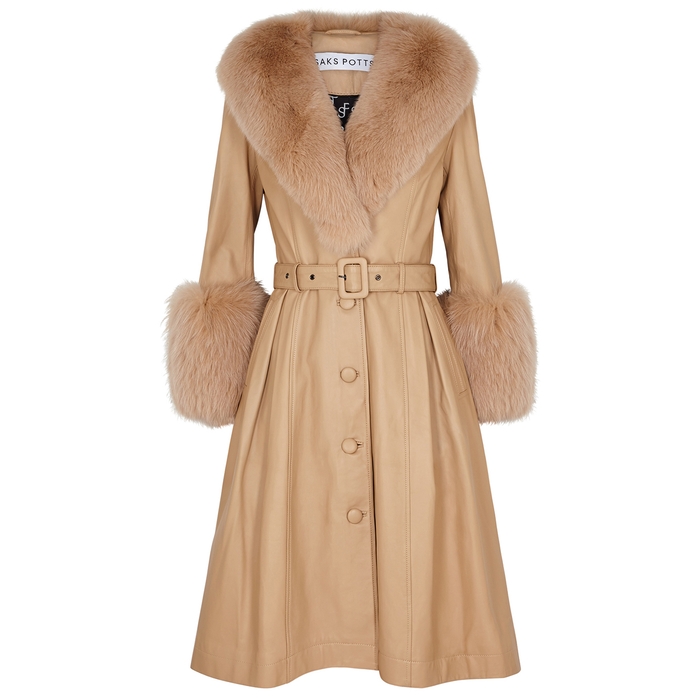 Saks Potts Foxy Taupe Fur-trimmed Leather Coat In Beige | ModeSens