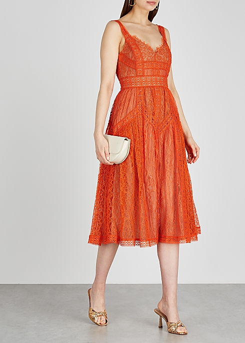 Orange guipure lace midi dress - Self-Portrait