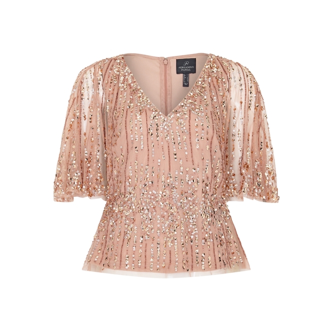 Adrianna Papell Beaded Cape Sleeve Top In Rose Gold