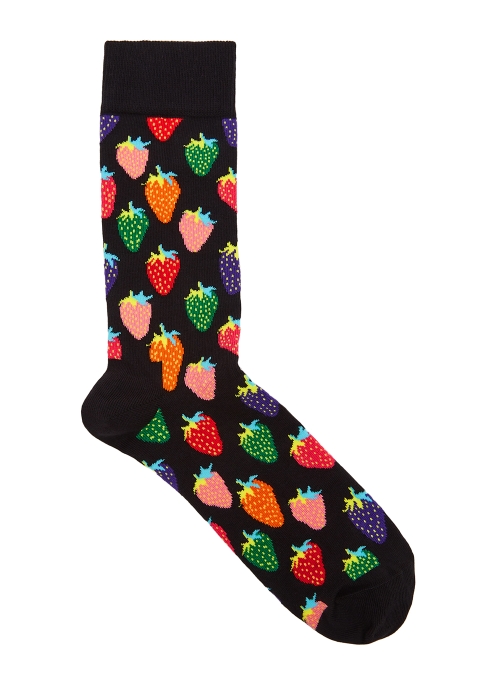 Happy Socks Strawberry-intarsia Cotton-blend Socks In Black