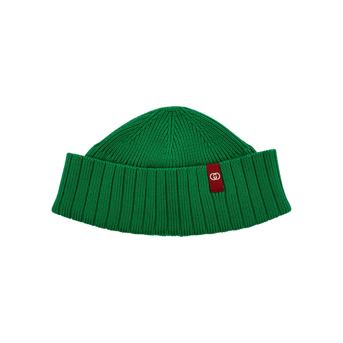 Gucci Navy Logo Knitted Beanie In Green