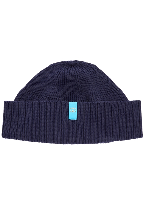 GUCCI NAVY LOGO KNITTED BEANIE,3216157