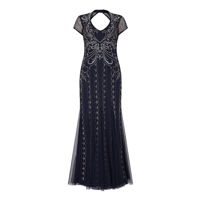 Adrianna Papell Beaded Short Sleeve Gown In Midnight