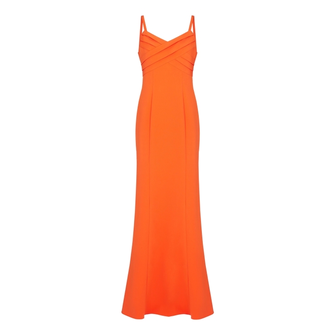 Adrianna Papell Pleated Mermaid Gown In Neon Tangerine
