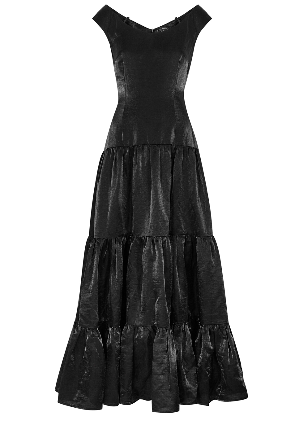 Black off-the-shoulder lamé gown