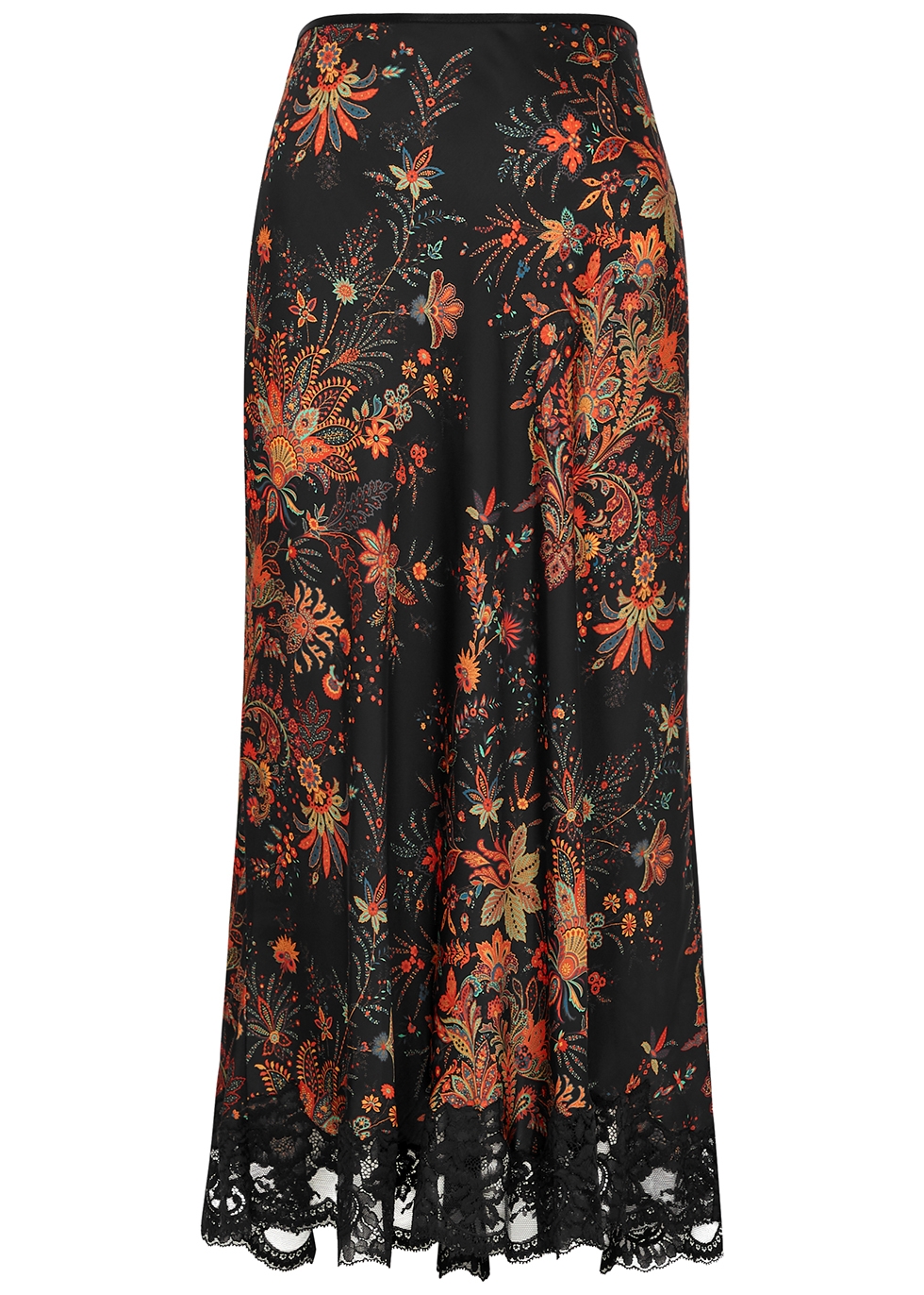 Floral-print lace-trimmed satin midi skirt