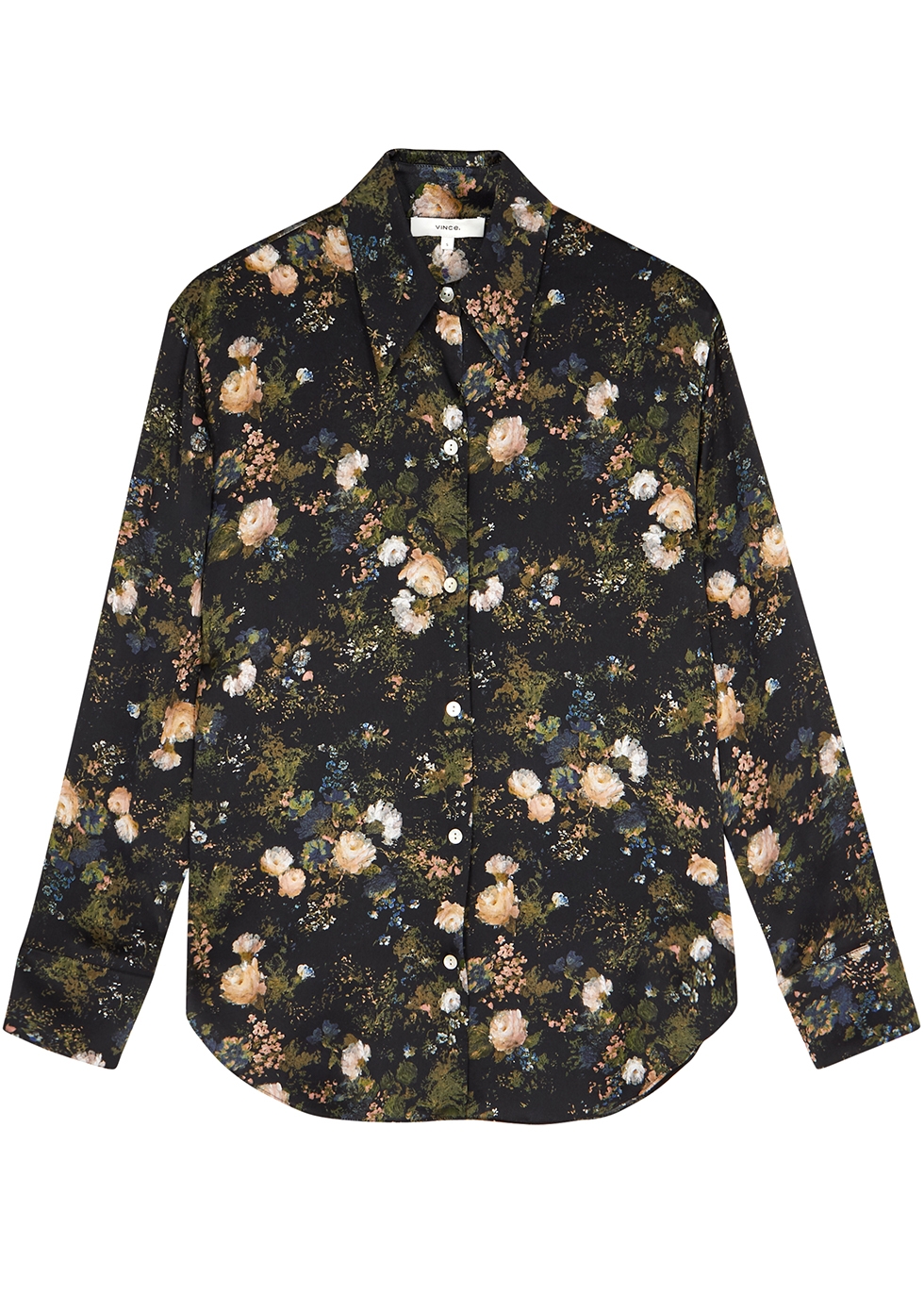 Navy floral-print silk blouse