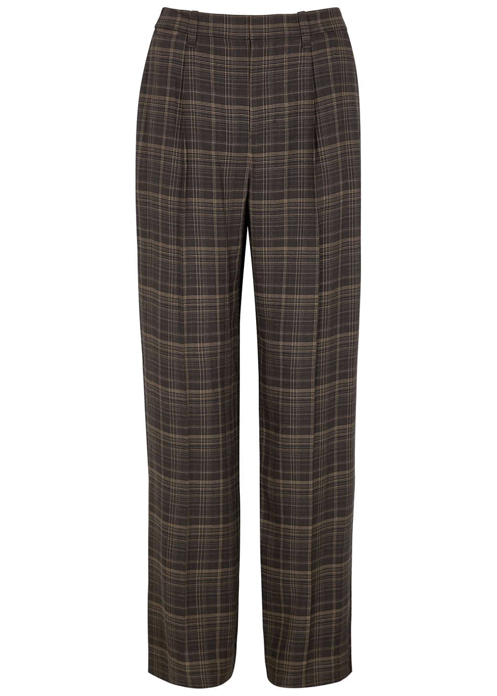 Brown plaid straight-leg trousers