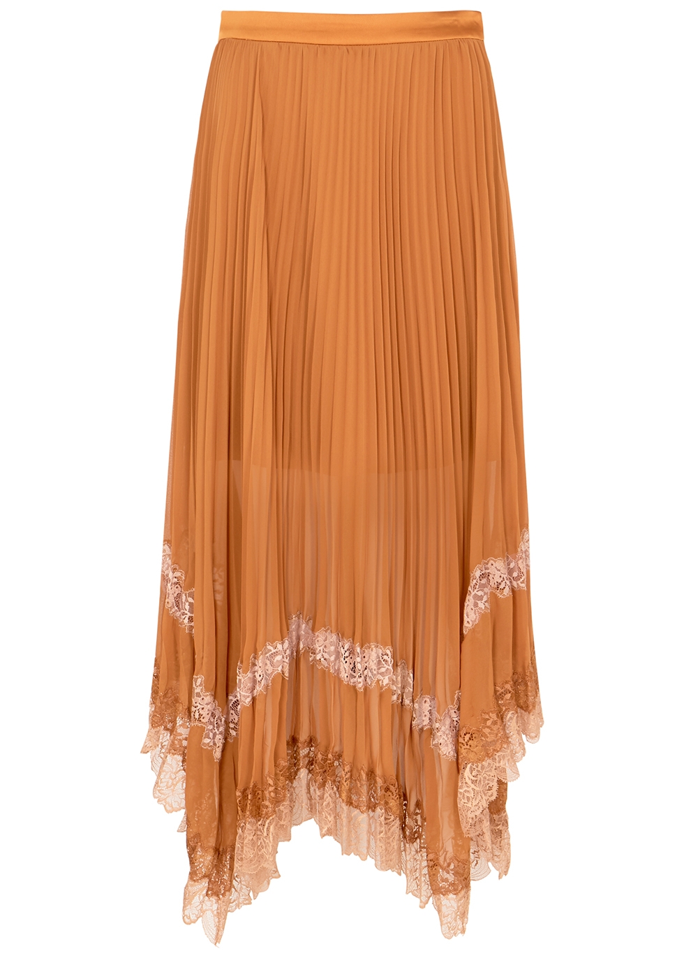 Orange lace-trimmed pleated chiffon midi skirt