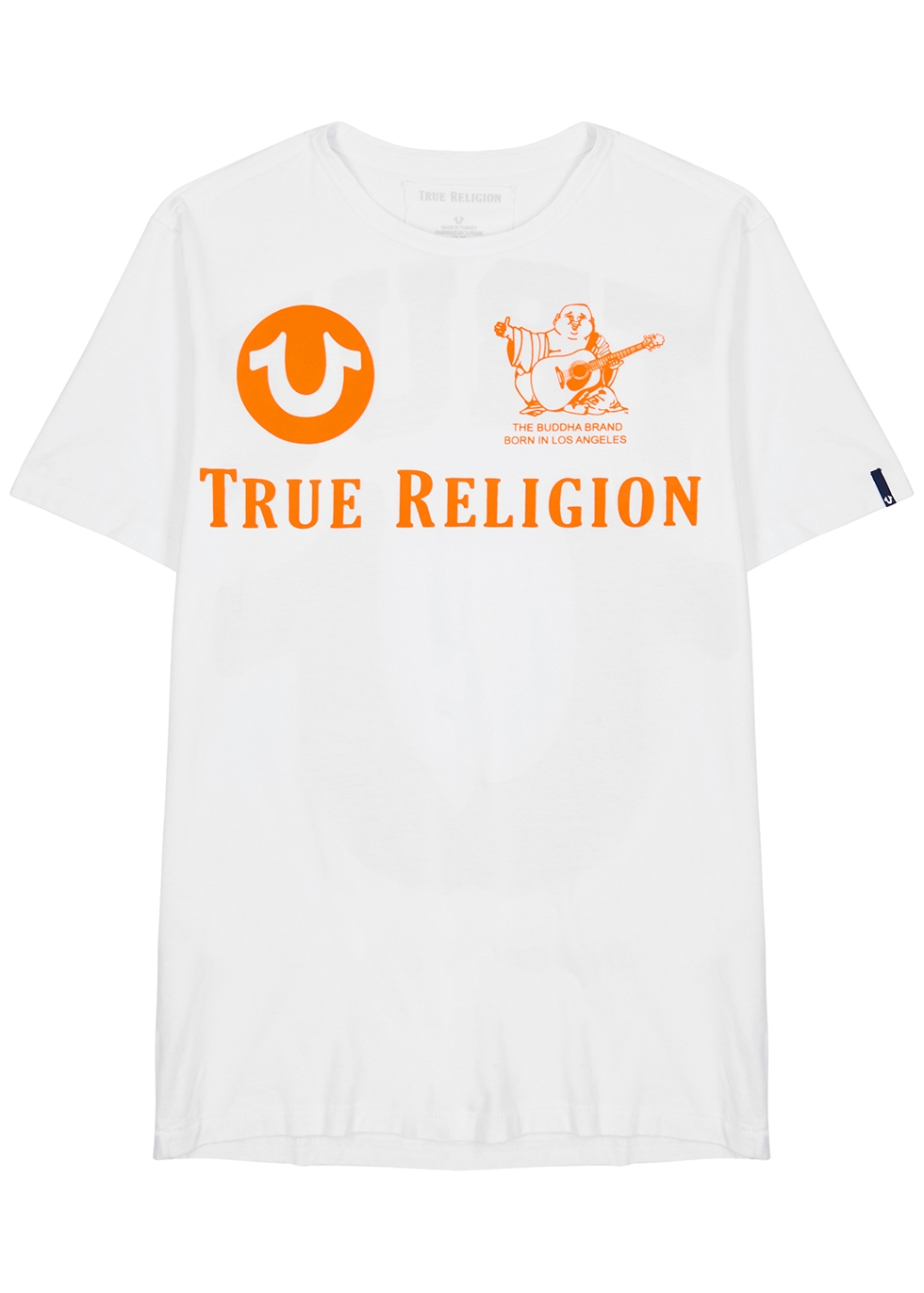 white and orange true religion shirt