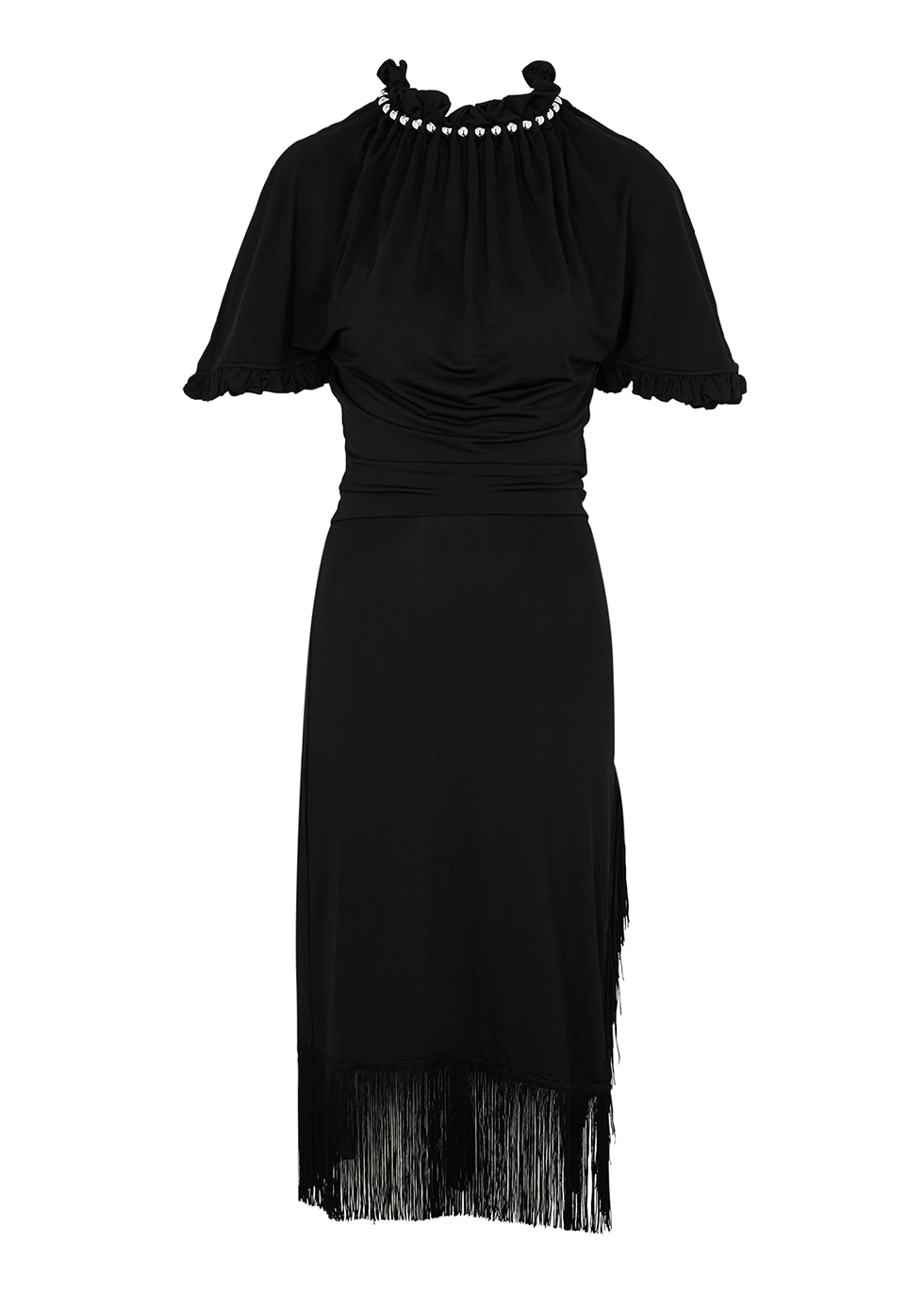 Black fringe-trimmed jersey midi dress