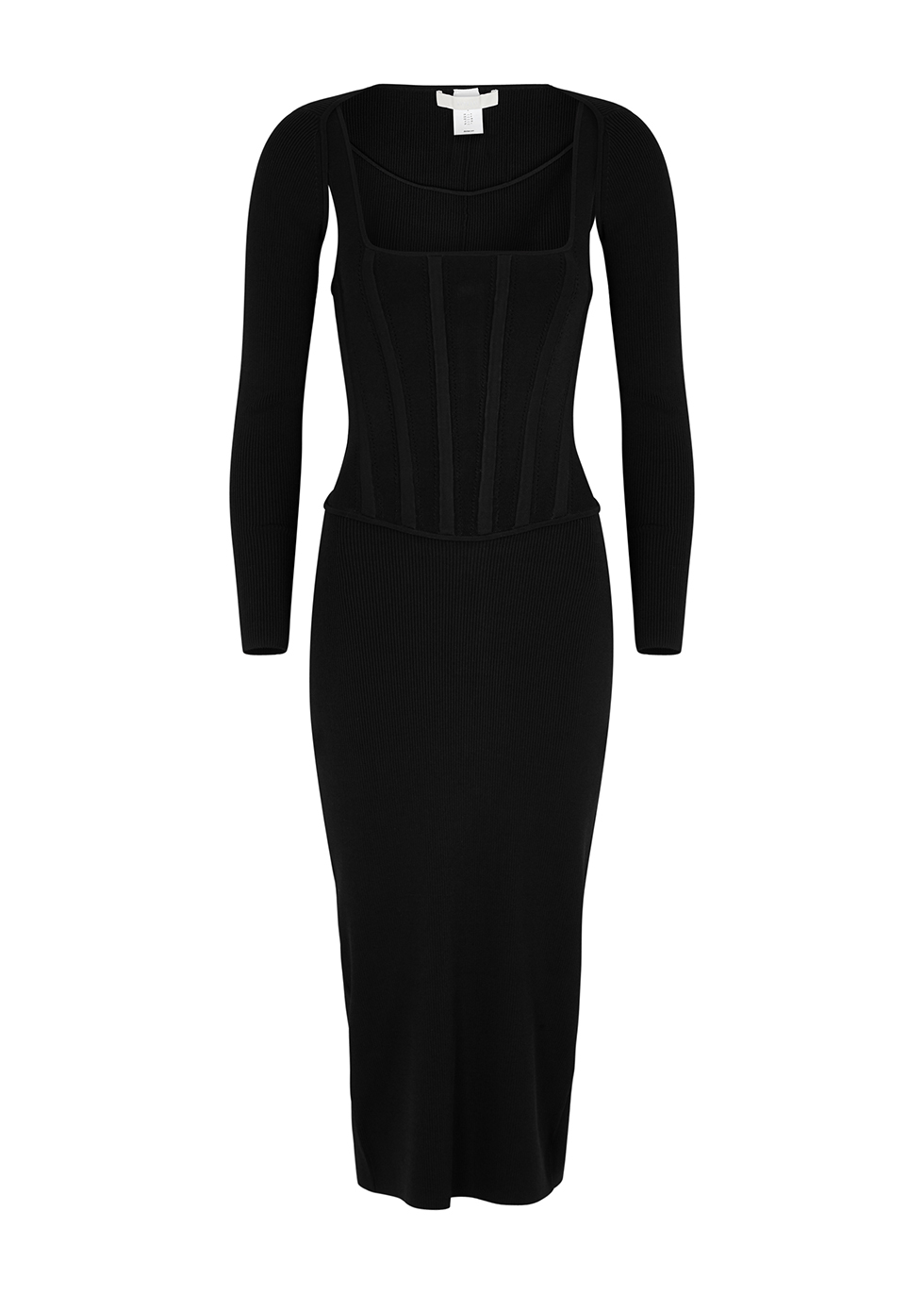 Black corseted jersey midi dress