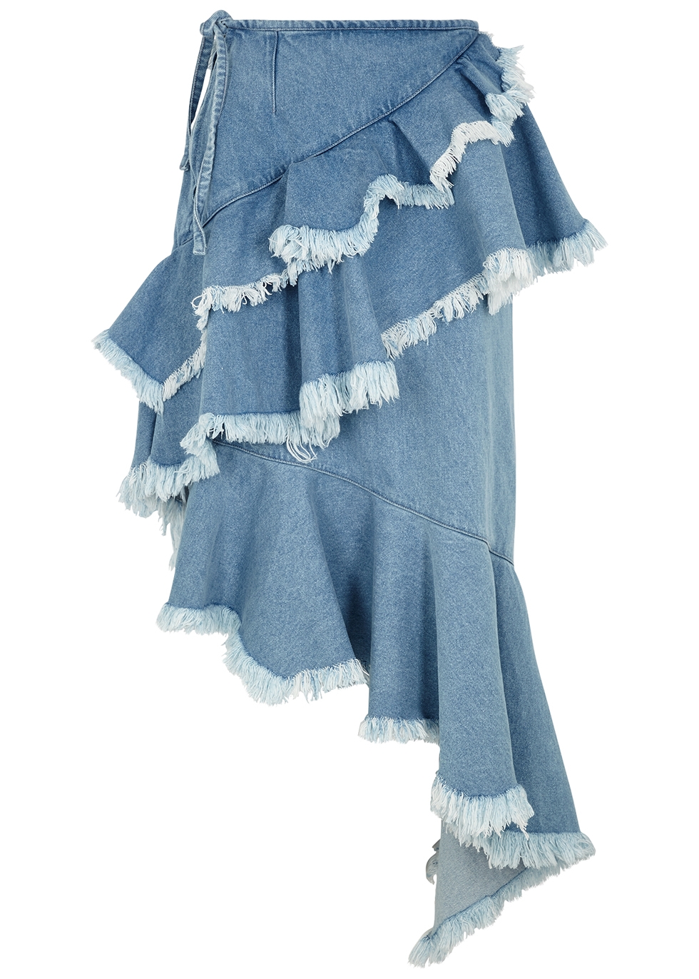 Light blue ruffle-trimmed denim midi skirt