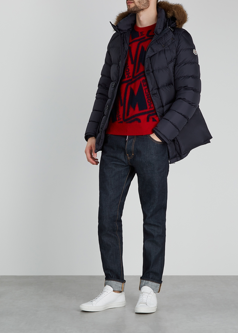 Moncler Cluny navy fur-trimmed quilted 