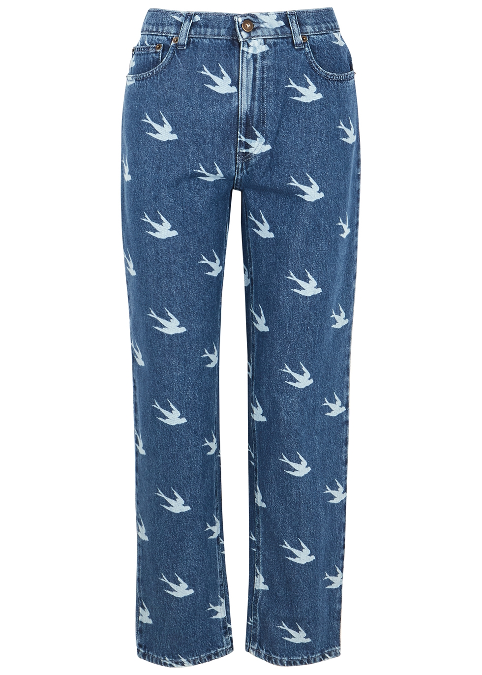 Blue swallow-print straight-leg jeans