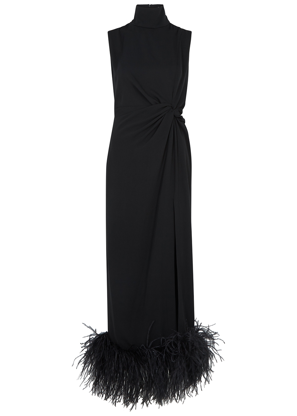black dress with feather trim