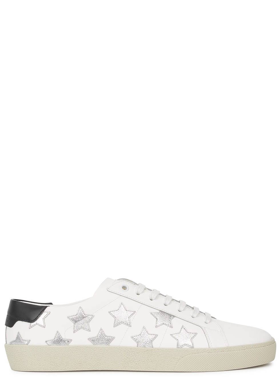 white leather sneakers with stars